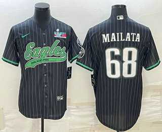 Mens Philadelphia Eagles #68 Jordan Mailata Black Pinstripe With Super Bowl LVII Patch Cool Base Stitched Baseball Jersey->philadelphia eagles->NFL Jersey